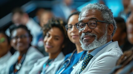 Obraz premium A Diverse Group of Medical Professionals Attending a Conference Engaged and Smiling, Reflecting Camaraderie and Shared Knowledge in a Professional Setting