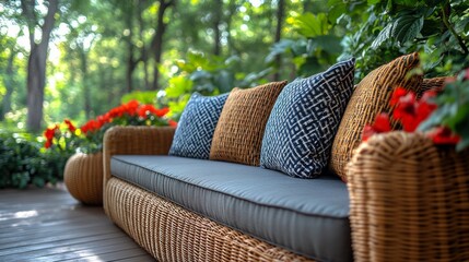 Wicker sofa with patterned pillows on patio, surrounded by lush greenery.