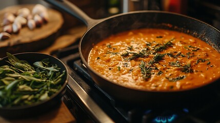 Creamy tomato pasta sauce simmering in cast iron skillet.