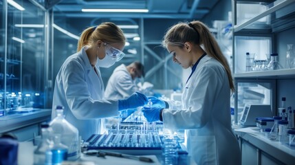 Scientists in lab coats conduct research in a modern laboratory.