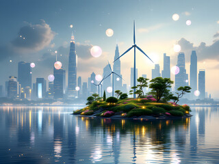 Naklejka premium Green city, nature, city, skyline, wind turbines, renewable energy, sailboats, water, reflection, trees, plants, flowers, eco-friendly, sustainable, futuristic, clean, serene, peaceful, modern, urb
