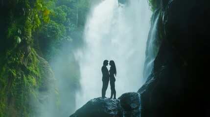 Obraz premium Silhouette couple embracing near a waterfall.
