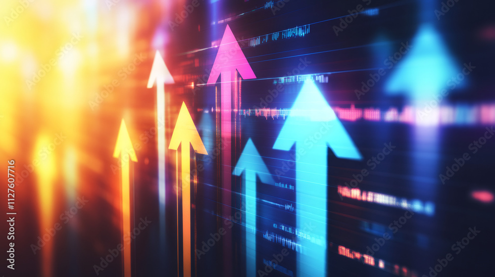 Poster digital screen displays glowing upward arrows symbolizing prosperous business or financial success a