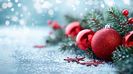 Christmas background with fir branch with red balls, on snowy background, copy space