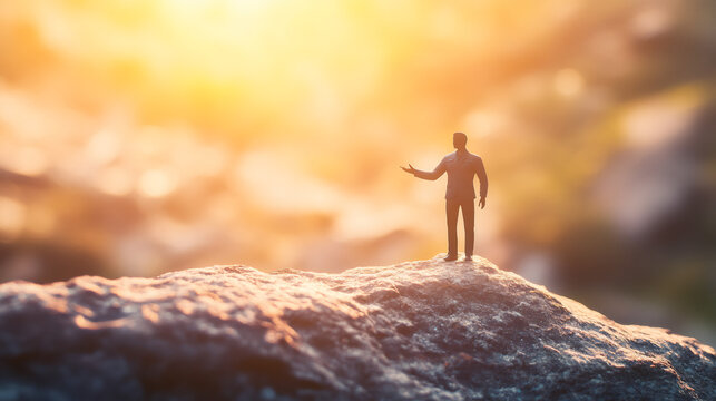 Small businessman standing on a rock at sunset, exuding confidence and leadership, evoking visions of success and accomplishment
