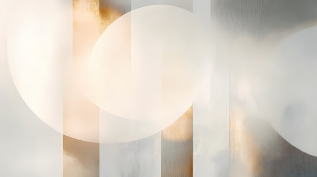 A mystical and dreamlike atmosphere evoked by a blurred white and beige circle composition with subtle golden undertones, allure, opalescent, mystique. Mystify. Illustration