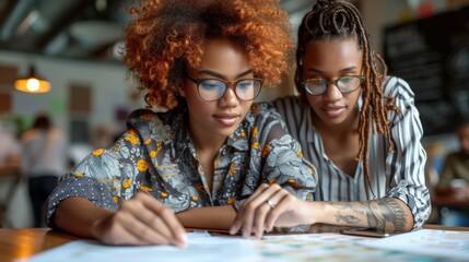 Two young women with glasses collaborating on creative project in vibrant modern workspace filled with natural light and artistic decor