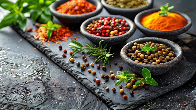 Many different seasonings pepper greens fruits and food on a black background flat lay copy space