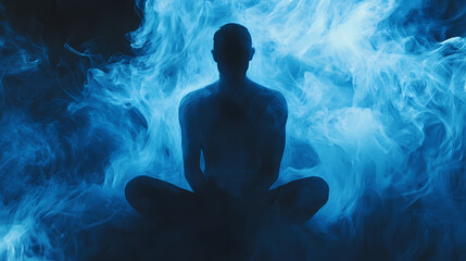 Fototapeta premium A shadowy figure sits amidst swirling blue smoke, creating an ethereal and mysterious image. Mystify. Illustration
