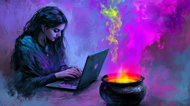 Woman working with laptop next to magic potion