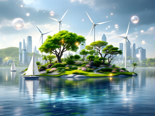 Green city, nature, city, skyline, wind turbines, renewable energy, sailboats, water, reflection, trees, plants, flowers, eco-friendly, sustainable, futuristic, clean, serene, peaceful, modern, urb