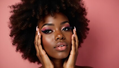 A serene and confident woman with natural hairstyle poses against a soft pink background, exuding elegance and poise. Her expression reflects beauty and tranquility.

