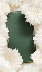 Empty green greeting card with beautiful white flowers. Spring flowers background with copy space....