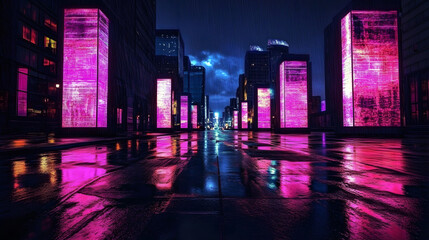 The neon lit streets and buildings of a future cyberpunk city at night are accentuated by the dark urban landscape in this digital piece of art