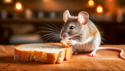 Fototapeta premium A mouse eating a slice of bread