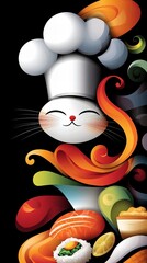 Obraz premium Colorful cartoon cat chef with a hat, surrounded by vibrant sushi elements, creating a joyful cooking atmosphere.