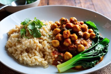Flavorful Vegetarian Dinner with Spicy Chickpea Curry Coconut Risotto and Stir-Fried Bok Choy