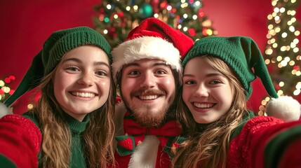 Santa and two elves taking cheerful selfies with bright smiles, set against a festive red background with a beautifully decorated Christmas tree. Great for holiday campaigns 2026 - 2027.