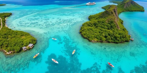 Aerial view of colorful kayaks and paddleboards on crystal clear turquoise waters in Mauritius, surrounded by lush tropical greenery, paddleboards, crystal clear