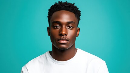 Fototapeta premium A close-up portrait shot of a man with a calm expression, facing forward, set against a bright and even teal background