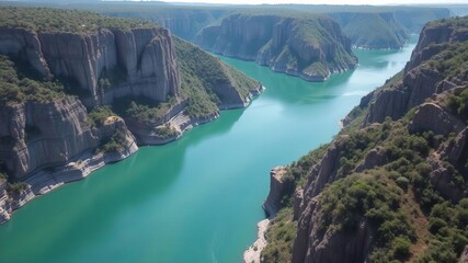Obraz premium Aerial view of the breathtaking Xingo Canyons in Aracaju, Brazil with winding river, natural beauty, Xingo Canyons