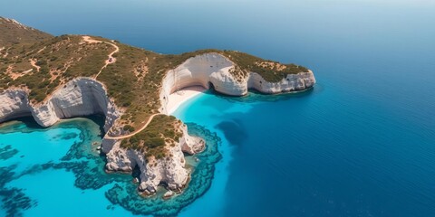Aerial view of turquoise water and cliffs at Cala Pi bay in Mallorca Spain, cliffs, turquoise