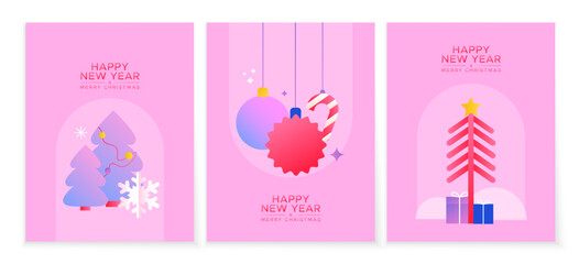 Set of New Year's cards in a minimalist design with spruce, toys and snowflake on a pink background. 