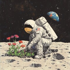 Illustration of an astronaut on the moon in a spacesuit planting flowers against a background of starry sky and Earth. Concept of space and nature connection, symbol of harmony.