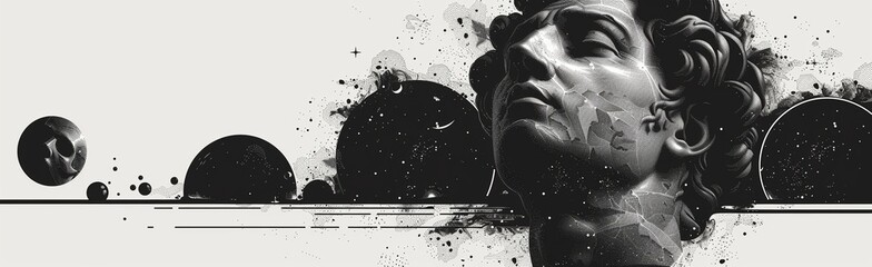 Black and white graphic banner combining Greek mythology, philosophy, and cosmic scientific elements. Hand-drawn surreal illustration with ancient culture and astronomy symbols for modern design.