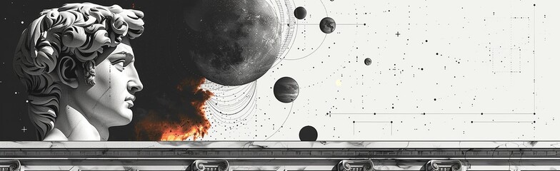  Black and white graphic banner combining Greek mythology, philosophy, and cosmic scientific elements. Hand-drawn surreal illustration with ancient culture and astronomy symbols for modern design.