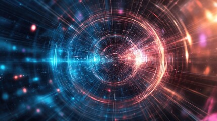 Abstract swirling light tunnel with vibrant colors and glowing particles.