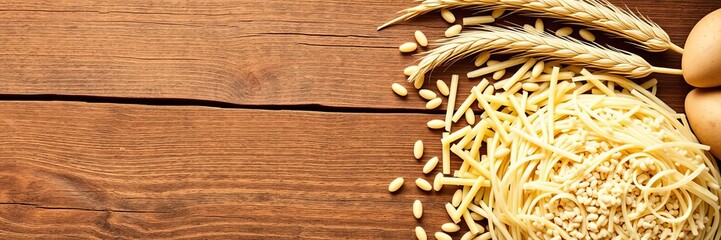 Assorted carbohydrate-rich foods such as pasta, bread, rice, and potatoes displayed on a rustic wooden background, background, energy
