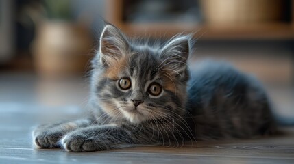 Adorable grey and orange tabby kitten lying on hardwood floor, looking at camera.