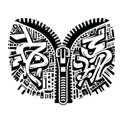 Zipper silhouette fill with graffiti tags, street calligraphy, -