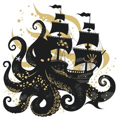 An ocean monster attacks a pirate ship : a black and white illustration in the style of mysticism.