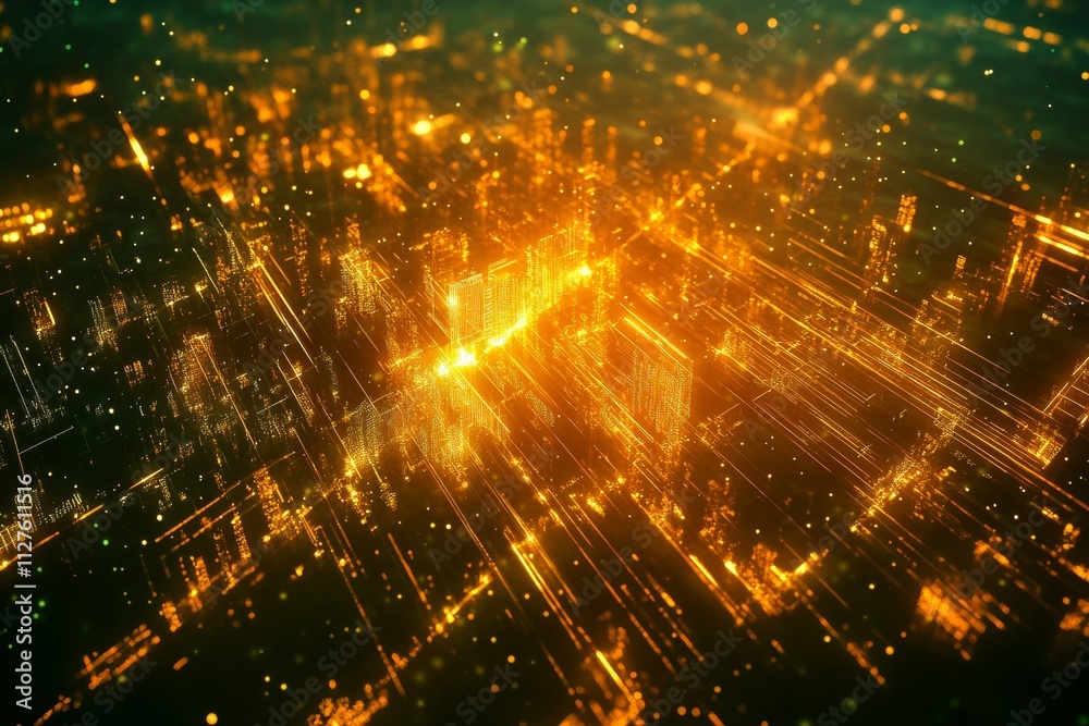 Poster abstract digital cityscape featuring illuminated lines and data visualization elements