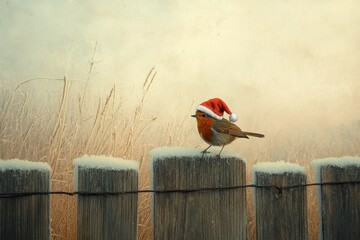 A robin wearing a tiny Santa hat perches on a frosty fence.