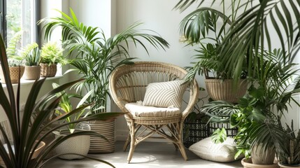 Contemporary Jungle: Neutral Living Room with Rattan Armchair and Tropical Plants