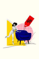 Vertical collage picture young woman furniture sale discount retail bargain shopaholic woman checkered background low price