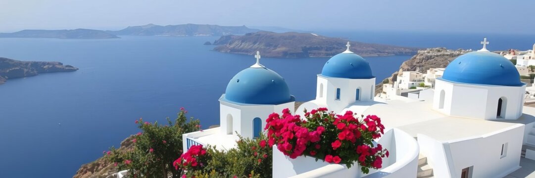 Beautiful landscape of traditional Greek island Leros in Dodecanese, with whitewashed buildings, blue domes, and colorful flowers, traditional, colorful flowers