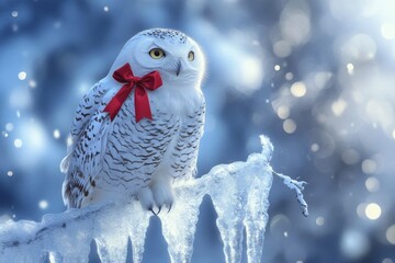 A snowy owl with a red bow perches on a sparkling icicle.