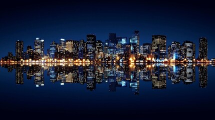 Night skyline of a modern city with vibrant lights and reflections on calm water