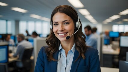 Equipped with a headset, a brunette operator in blue offers reliable customer service in a busy workplace.