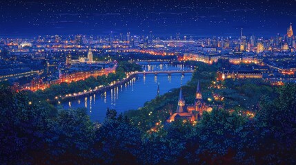 Fototapeta premium Beautiful nighttime view of a city skyline illuminated by lights along a river with bridges and historic buildings