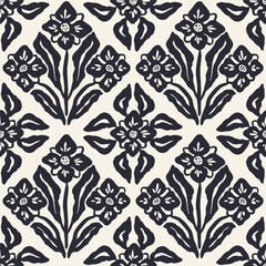 Monochrome black and white brush strokes inky flowers seamless pattern damask style. Abstract modern floral background. Textured botanical minimalist wallpaper