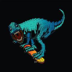 Tyrannosaurus on a skateboard. Original vector illustration in vintage style. T-shirt design.