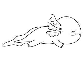 Outline cute Axolotl. Lying and sleeping cartoon kawaii character. Line drawing, coloring book. Vector illustration. Kids collection