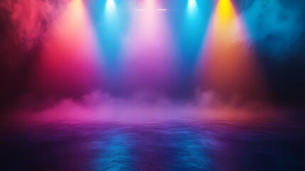 Fototapeta premium Colorful spotlights illuminate a foggy stage for a mysterious product display , colorful, spotlights, shine, foggy. Mystify. Illustration