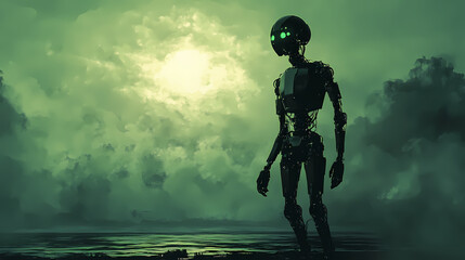 Fototapeta premium Futuristic metallic robot silhouette in mysterious digital landscape. Mystify. Illustration