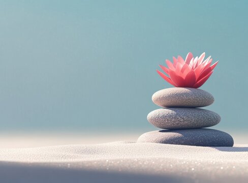 A serene Zen garden with balanced stones, a pink lotus flower on the sand, and a blue sky background balanced and harmonious, symbolizing tranquility and mindfulness Generative AI - Powered by Adobe